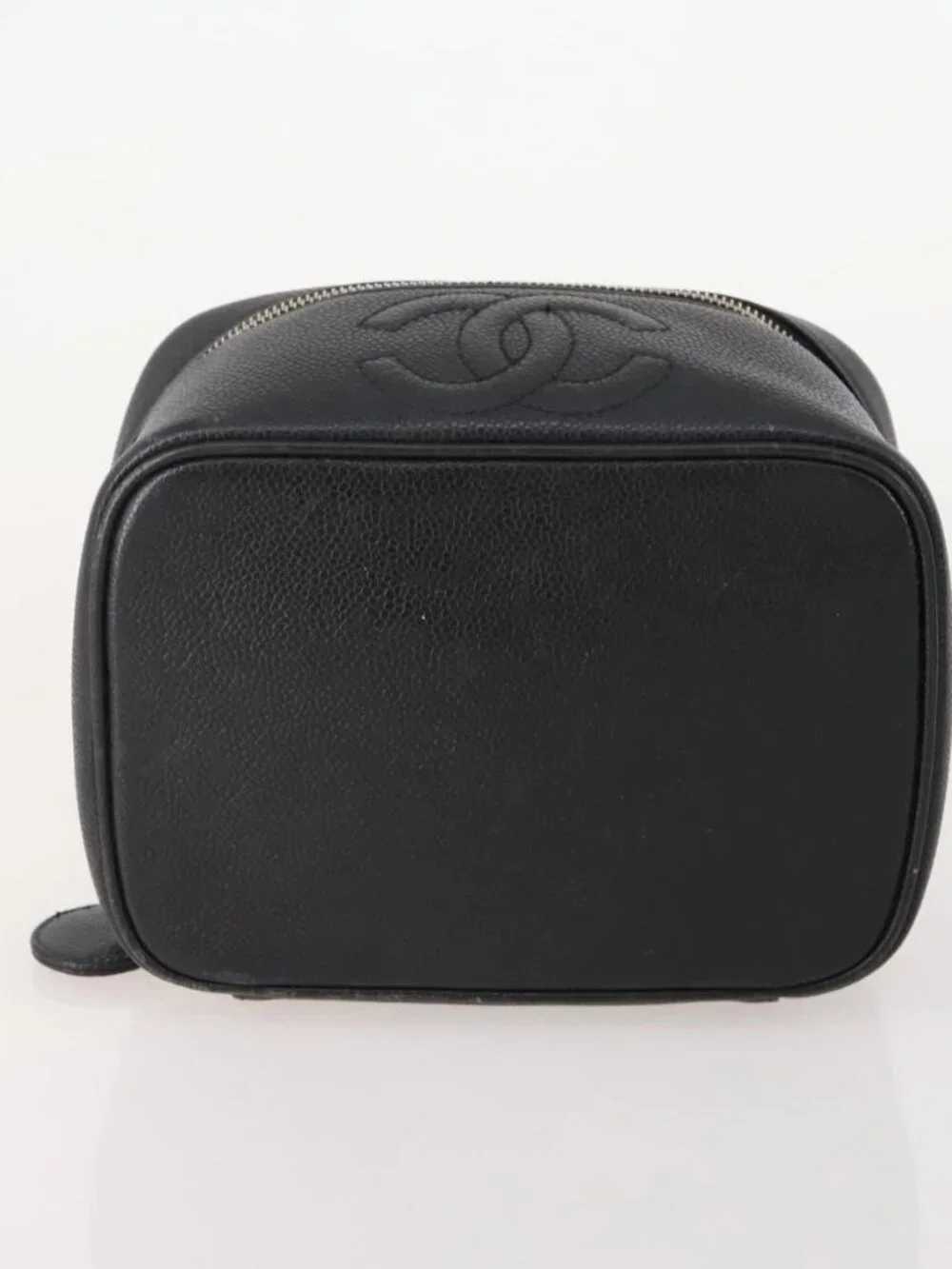 CHANEL Vanity Pouch Leather 2 Set Black CC Auth BA12664